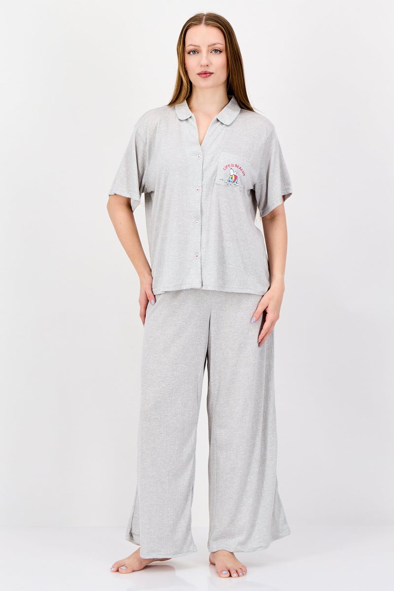 Peanuts Women 2Pcs Embroidered Pajama Top And Bottom Set, Grey - Image 1